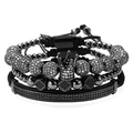 Men's black crown bead bracelet set with zircon accents and braided adjustable cord - Black Polygon 3-Piece Set