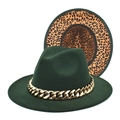 Detail of dark green wool fedora featuring gold chain strap and leopard print brim lining - M (56-58cm) / Dark Green