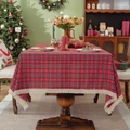 Christmas red plaid tablecloth with white tassels on a festive holiday dining table setup - Yarn-Dyed Christmas Red Plaid with Dense Tassels
