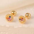 Macro shot of 18K gold circular stud earrings with colorful pavé rhinestones and ball backs - Gold Round Mixed Color Zirconia Disc