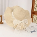 Beige straw sun hat with wide brim and white lace bow decoration for summer beach - Lace Water Grass Beige