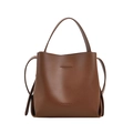 Brown leather bucket handbag with vintage matte texture and wide handle for women - Brown