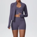 Set sportivo da donna 3 pezzi con giacca a zip, reggiseno sportivo e pantaloncini a vita alta - Tartufo