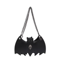 Black bat-shaped crossbody bag with silver skull detail and chunky metal chain strap - Skull Pendant / Black