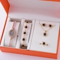 Roségoldenes fünfteiliges Schmuckset mit Herzkristalluhr und passendem Zubehör - Roségold Schwarzer Edelstein Set (Ohne Box)