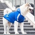 Blue Adidog pet hoodie with white stripes and logo for large dogs in an outdoor setting - Big Dog Adidas Dark Blue