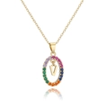 Macro detail of gold plated necklace featuring rainbow zircon oval pendant with letter V - Letter V