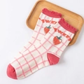 Pink and white checkered cotton socks with sweet strawberry pattern on a wooden tray - White Plaid Strawberry