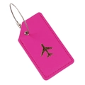 Detail of rose pink leather luggage tag with gold airplane icon and steel cable loop - Rose Red