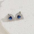 Elegant heart-shaped blue gemstone halo stud earrings with silver finish and zircon - ES2313-5 Blue Heart Zircon Earrings