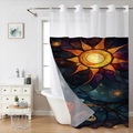Detail van douchegordijn met zon- en sterrenhemelprint in een moderne badkamer - Glas-in-lood Zon en Sterren / 181x188cm Enkel Douchegordijn