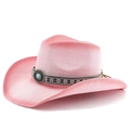Chapeau de cowboy en paille tissée rose avec ruban ethnique turquoise pour la plage en été - M (56-58cm) / Blanc Rose Pulvérisation