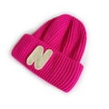 Magenta knit beanie for kids featuring a white embroidered letter N and fold-over cuff - Rose Red