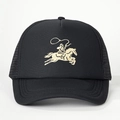 Classic black trucker hat with vintage cowboy embroidery and breathable mesh back - Adjustable / All Black