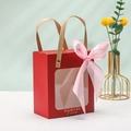 Elegant red gift bag with large clear window, pink ribbon bow, and gold Memory lettering - Kraft Paper Flat Handle + Ribbon / Small 14.5*8*16.5cm / Red