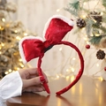 Christmas red velvet bow headband with white plush trim and festive deer antler style - Shiny Velvet Bow