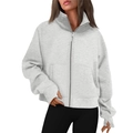 Women's light grey zip-up sweatshirt with high neck and thumbhole cuffs on white background - S / Light Gray