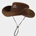 Detailed close-up of dark brown outdoor hat with mountain embroidery and windproof cord - M (56-58cm) / Coffee