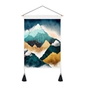 Nordic sunrise mountain tapestry wall hanging with blue and gold landscape and tassels - 35x50cm / Style 5