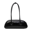 Minimalist black leather baguette shoulder bag with slim straps and silver zipper - Black