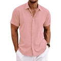 Men's casual short sleeve cotton linen shirt in light pink with button-down collar - S / Tops / Pink