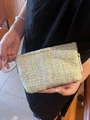 Colorful tweed mini pouch with pearl handle and brand tag for small accessories - Warm Tweed Green