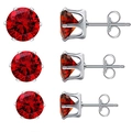 Three pairs of classic crown six-prong stainless steel earrings with round red zircon - 7mm / Silver & Red