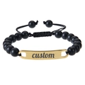 Customizable black matte bead bracelet featuring a gold engraved bar and adjustable cord - Gold ID Plate / Matte Stone (Black)