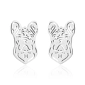 Detail view of silver hollow-out bulldog stud earrings made of stainless steel - French Bulldog / Steel