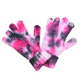 Detailed view of pink tie-dye knit gloves with gray three-finger touchscreen conductive tips - Tie-Dye Red Grey
