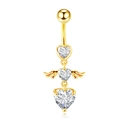 Golden belly button ring with three tiered zircon hearts and winged center pendant - Gold Angel