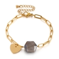 Gold chain bracelet with heart charm and hexagonal grey stone pendant for women - Gold Grey Hexagonal Bead (KB145369-Z)