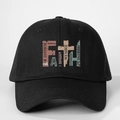 Close-up of black baseball cap featuring Faith text with Bible verse striping detail - One Size / Black