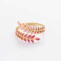 18K gold plated stainless steel open ring featuring pink enamel leaf wrap design - Gold with Pink Leaf