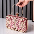 Rose red sparkling evening clutch with gold hollow floral rhinestones and metal handle - Rose Red