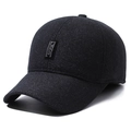 Dark blue winter baseball cap with ear protection and a stylish leather patch - Adjustable / Navy Blue