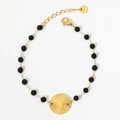 Bracciale esotico con perline dorate, agata nera e ciondolo con motivo a raggiera solare - Stile Disco Rotondo in Agata Nera (SAK926) / Oro + Agata Nera