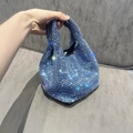 Sparkling light blue rhinestone bucket bag with crystal handle for evening fashion - Blue