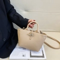 Chic beige bamboo buckle bucket bag with litchi texture and adjustable shoulder strap - Small / Light Khaki