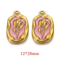Pink enamel tulip pendant in golden finish stainless steel for DIY jewelry, 12x20mm - Tulip / Pink