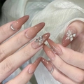 Brown gradient almond press-on nails with 3D butterfly rhinestones and glitter finish - Gradient Butterfly Glue Style (D-149)