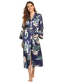 Women's long sleeve satin robe in dark blue with tropical banana leaf floral print - Navy with Green Leaf Print