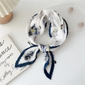 Pleated square scarf in pearl white with navy floral patterns for hair or neck styling - 70cm / Blue White Teapot Floral