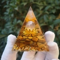 Tiger eye crystal pyramid with golden lotus and crystal ball on a resin base - QK22 Clear Quartz Ball / 6cm