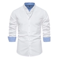 Detail view of white slim fit shirt with blue contrast trim on collar and cuffs - S / White