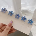 Set of five elegant blue flower stud earrings with resin petals and center rhinestones - 5 Pieces / Blue