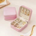 Pink portable leather jewelry travel box with zipper closure and multiple compartments - 10*10*5cm / Pink