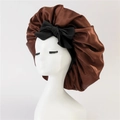 Brown satin sleep cap for women featuring a stylish large black decorative bow - Medium Single Layer Black Cross Ribbon / Coffee
