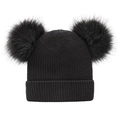 Close-up of black ribbed knit winter hat featuring two large faux fur pom-poms on top - Black