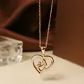 Rose gold titanium steel heart necklace with mother and child silhouette and zircon stones - Rose Gold Heart Necklace N0452R